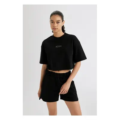 DEFACTO Fit Crop Crew Neck Printed Sports Short Sleeve T-Shirt