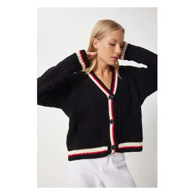 Happiness İstanbul Women's Black V Neck Stripe Detailed Knitwear Cardigan