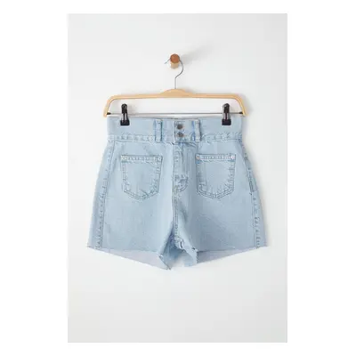 Trendyol Light Blue Pocket Detailed Double Buttoned Cut-Out High Waist Mini Denim Shorts