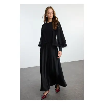 Trendyol Black Cape Detailed Woven Chiffon Evening Dress