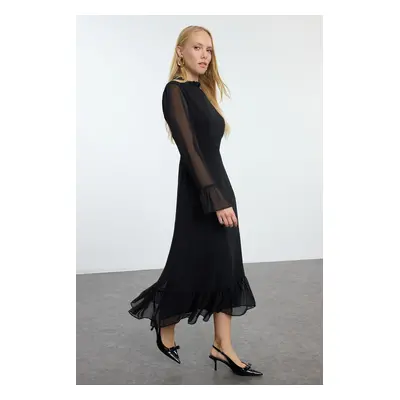 Trendyol Black Animal Patterned A-Line Stand Collar Midi Lined Chiffon Woven Winter Dress