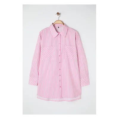 Trendyol Curve Pink Striped Double Pocket Woven Plus Size Shirt