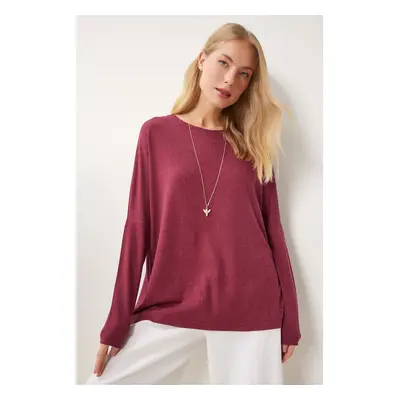 Happiness İstanbul Women's Claret Red Crew Neck Bat Sleeve Knitted Blouse