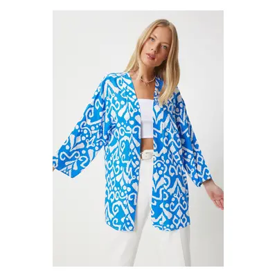 Happiness İstanbul Women's Vivid Blue Patterned Viscose Kimono