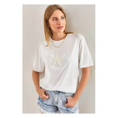 Bianco Lucci Women's Ecru Star Pearl Stone Embroidered Organic Cotton Combed Cotton T-shirt