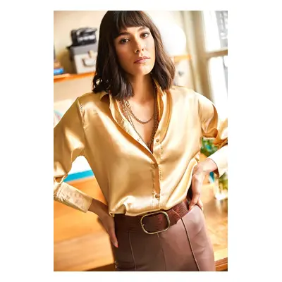 Olalook Women's Gold Cuff Detailed Woven Satin Shirt