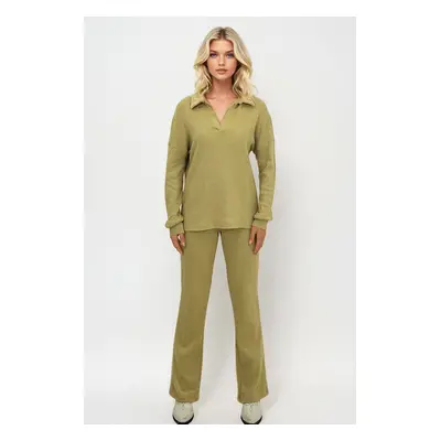 Trend Alaçatı Stili Women's Oil Green Polo Neck Top and Palazzo Pants Knitwear Bottom Top Set