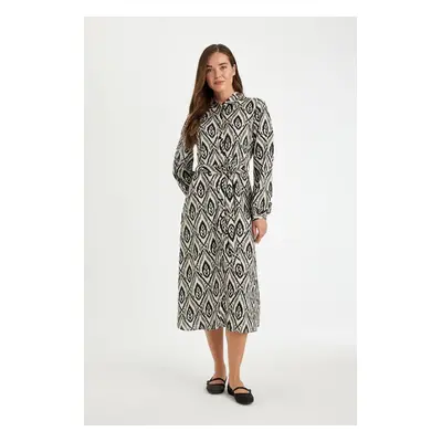 DEFACTO Shirt Collar Ethnic Patterned Buttoned Belted Long Sleeve Maxi Dress