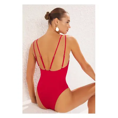 Trendyol Red*003 Plain Deep V Backless Strappy Swimsuit