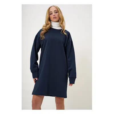 Trend Alaçatı Stili Women's Navy Blue Crew Neck Sweatshirt Dress