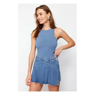 Trendyol Dark Blue Pleated Denim Short Skirt