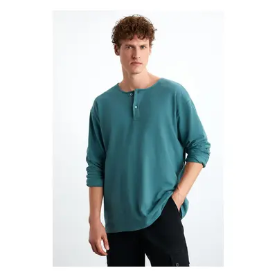 GRIMELANGE Lorenzo Men's Special Rustic Texture 100% Organic Cotton Button Detailed Regular Gree