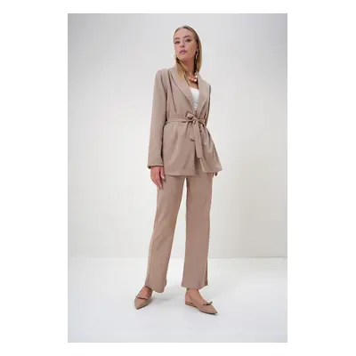 Trend Alaçatı Stili Women's Beige Shawl Collar Self-Belted Jacket and Palazzo Trousers Set