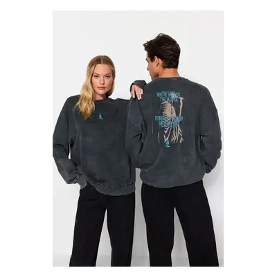 Trendyol Anthracite Oversize/Wide Cut 100% Cotton Faded Effect Mystical Themed Sweatshirt