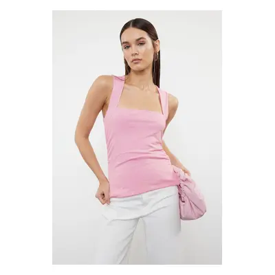 Trendyol Pink Plain Square Neck Strap Gathered Knitted Blouse