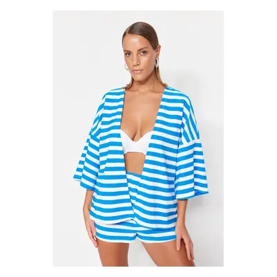 Trendyol Blue Striped Belted Mini Knitted Kimono&Kaftan