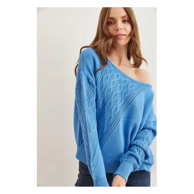 Olalook Women's Baby Blue Openwork Boat Neck Knitwear Sweater