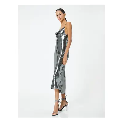 Koton Shiny Metallic Midi Evening Dress with Thin Straps and Off-the-shoulder Neckline