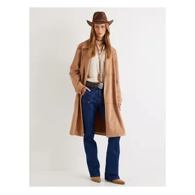 Koton Faux Suede Trench Coat Long Belted