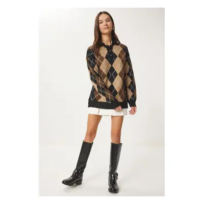 Happiness İstanbul Women's Black Mink Diamond Patterned Knitwear Sweater