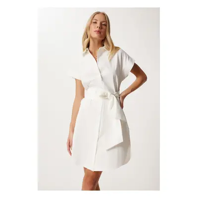 Happiness İstanbul Women's Ecru Belted Poplin Shirt Dress