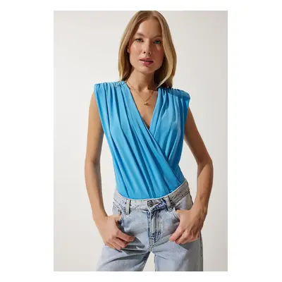 Happiness İstanbul Women's Sky Blue Wrapover Neck Waistband Snap Knitted Blouse