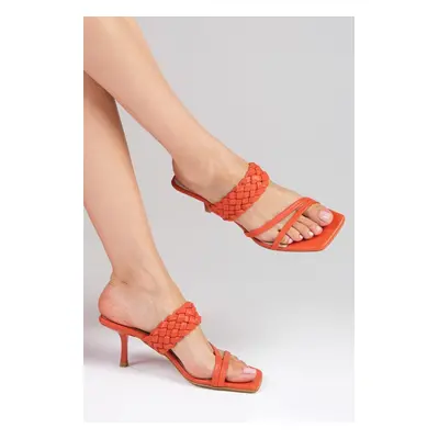 Mio Gusto Petra Women's Slippers From Genuine Leather Orange Color Heeled Shoes.