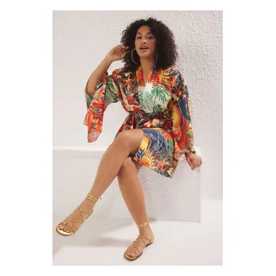 Trendyol Curve Multicolored Tropical Patterned Belted Mini Woven Plus Size Kimono & Caftan