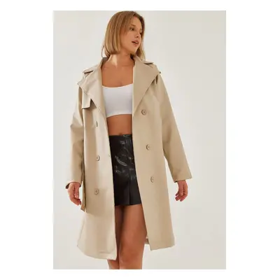 Bianco Lucci Women's Button Belted Long Leather Trench Coat