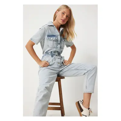 Happiness İstanbul Women's Blue Waist Drawstring Denim Overalls