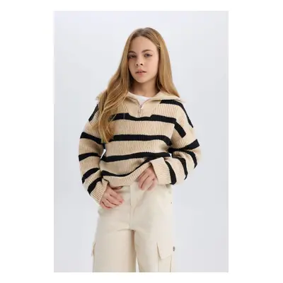 DEFACTO Girls' Standard Fit Stand Collar Zip-Up Striped Knitwear Sweater