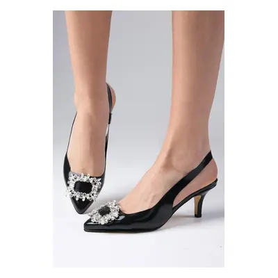 Mio Gusto Black Color Crystal Stone Transparent Low Heeled Shoes