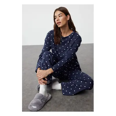 Trendyol Navy Blue 100% Cotton Polka Dot and Heart Knitted Pajama Set