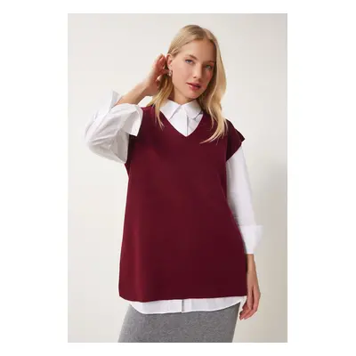 Happiness İstanbul Women's Burgundy V Neck Belted Long Knit Sweater