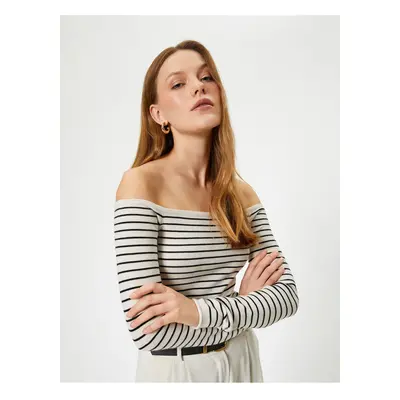 Koton Long Sleeve Boat Neck Off-The-Shoulder Striped Knitwear Sweater