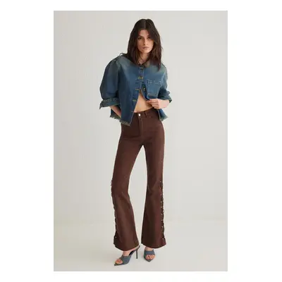 Trendyol Brown Eyelet Side Lace High Waist Flare Jeans