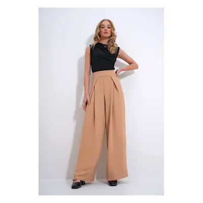 Trend Alaçatı Stili Women's Biscuit Front Pleated Loose Cut Palazzo Aerobin Woven Trousers