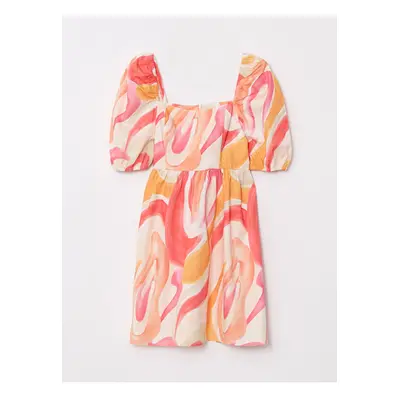 LC Waikiki Lcw Vision Pink Square Neck Print Balloon Sleeve Poplin Women's Dress