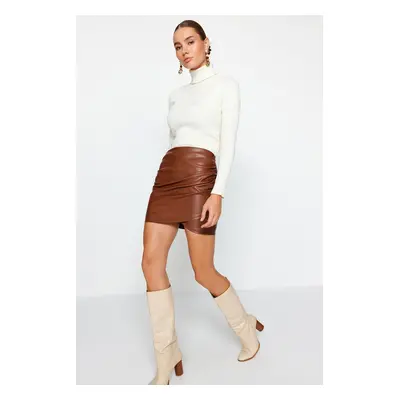 Trendyol Brown Imitation Leatherette With Rayon inner lining, Draped High Waist, Fitted Mini Kni