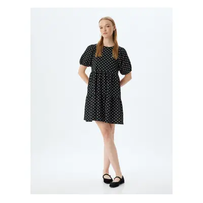 Koton Balloon Sleeve Dress Mini Polka Dot Folded Crew Neck