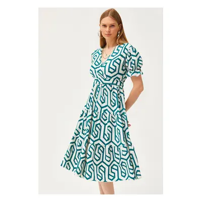 Olalook Women's Green Belted Double Breasted Patterned Dress