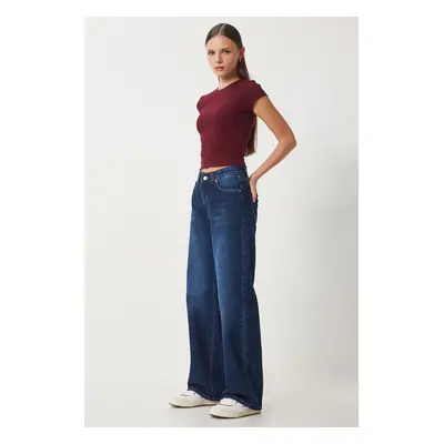 Happiness İstanbul Women's Dark Blue Mid Waist Wide Leg Loose Jeans