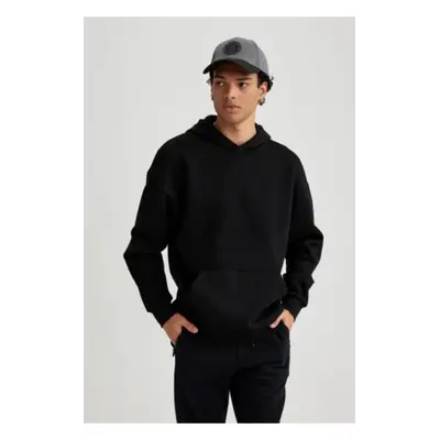 DEFACTO Black Oversize Wide Pattern Hooded Kangaroo Pocket Basic Plain Sweatshirt