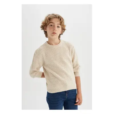 DEFACTO Boy's Beige Crew Neck Basic Plain Knitwear Sweater