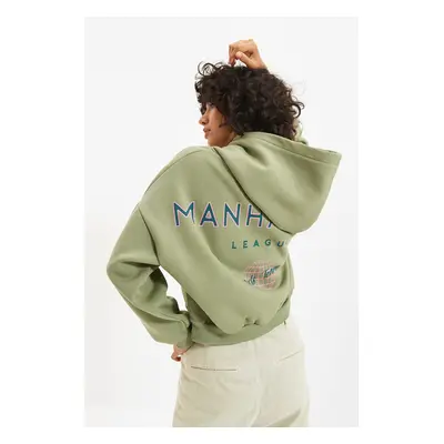 Trendyol Mint Back Print Detail Hooded Thick Fleece Knitted Sweatshirt