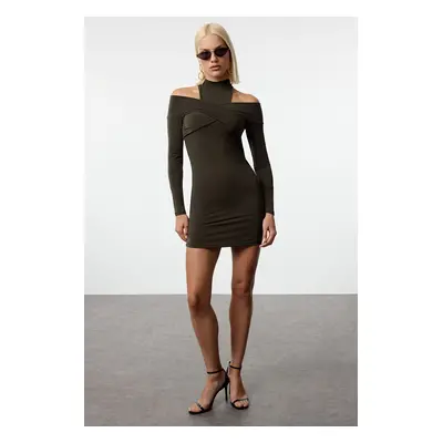 Trendyol Khaki Collar Detailed Knitted Stylish Mini Evening Dress