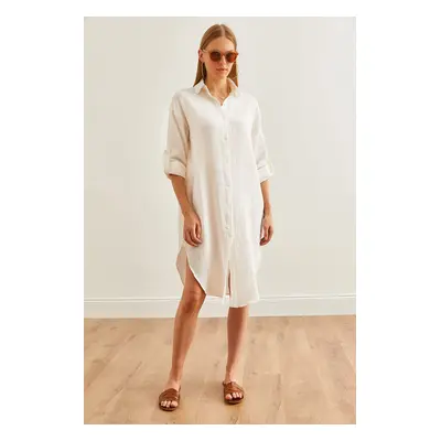 Olalook Women's White Side Slit Oval Muslin Shirt Dress