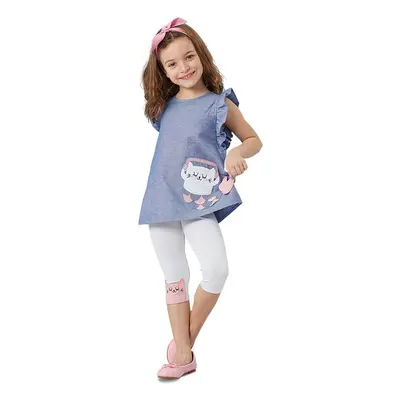 Denokids Frilly Cat Girl's Blue White Summer T-shirt Tunic Tights Set