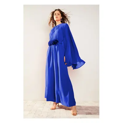 Trendyol Satin Evening Jumpsuit with Flower Belt and Chiffon Cape