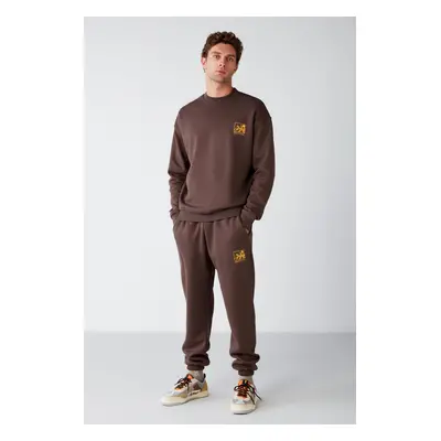 GRIMELANGE Benji Men's Soft Fabric Embroidered Brown Tracksuit Set